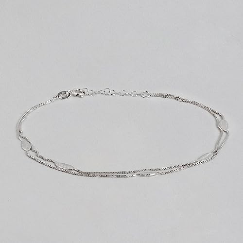 Women's 925 Sterling Silver Modest Leaf Rhodium Plated Chain Anklet, Single